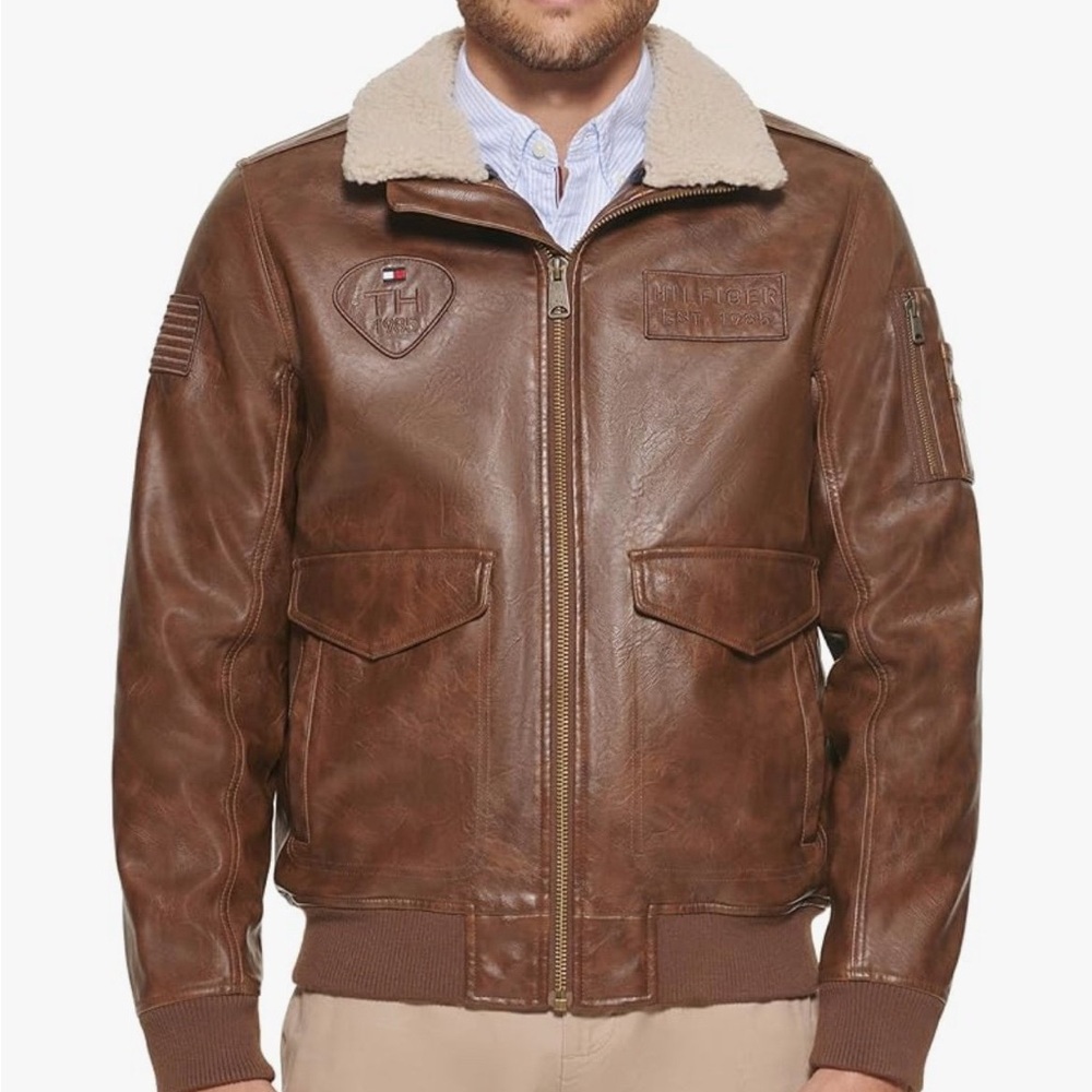 Tony Hilfiger Brown Leather Jacket with Shearling Collar